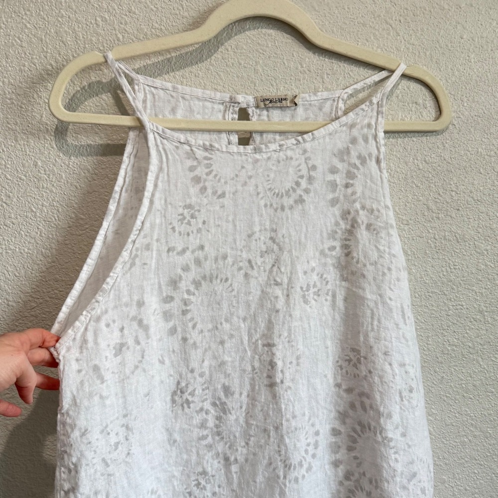Lungo L'Arno Italy 100% Linen Midi Dress White Grey Printed Pockets M Lagenlook‎ - Picture 2 of 14